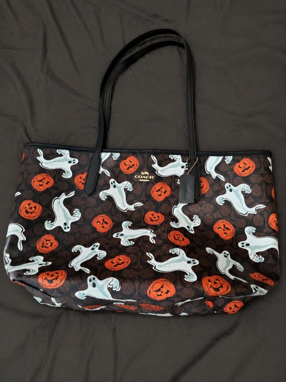 Coach City Tote Bag With Pumpkin Halloween Print